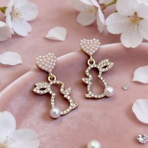 Pearl & Crystal Bunny Rabbit Drop Earrings Whimsical Coquette Gift